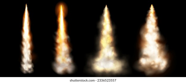 Rocket smoke speed fire trail cloud vector isolated effect. 3d realistic plane or jet launch contrail flame spray. Shuttle or spaceship takeoff explosionin sky. Aircraft condensation track texture