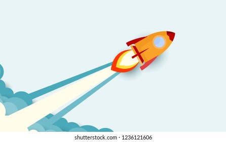 Rocket and smoke through cloud Business startup concept. vector illustration. flat design.