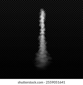 Rocket smoke trail with clouds steam. Realistic vector white fume jet aircraft launch trace. Fog flow, gas exhaust, vertical vapor spray isolated on transparent background