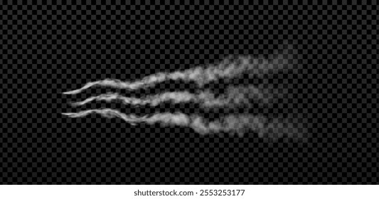 Rastro de humo de cohete tres rayas curvas. Rastro realista del lanzamiento de la aeronave del jet del humo blanco del Vector. Rastreo de misiles o balas. Nubes de niebla Horizontal, flujo de vapor sobre fondo transparente. Líneas de gas