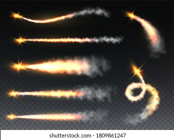 Rocket smoke. Trailing fume with flame jets, fiery foggy trails jet airplane. Missile, shuttle or spaceship contrails, falling comet or meteor steam realistic vector isolated on transparent background