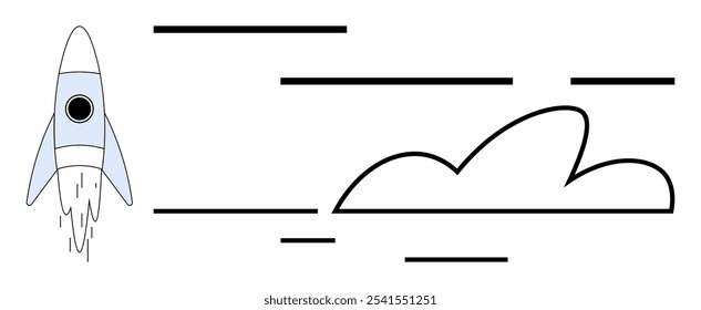 Rocket with smoke trails, beside a cloud and motion lines suggesting speed. Ideal for technology, innovation, progress, space exploration, startups. Modern minimalist style