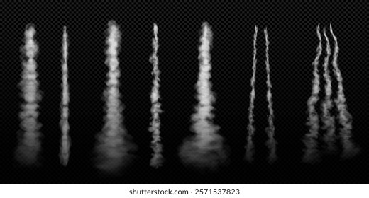 Rocket smoke vertical trails with vapor vector set. Realistic white fume jet airplane launch trace. Fog steam, clouds flow isolated on transparent background. Gas lines. Different traces mist