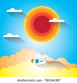 Rocket soar in the sky with clouds on a bright blue day.