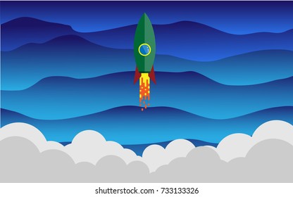 Rocket is soaring so far in to the space (dark blue sky) through many cloudy weather - start up business concept 