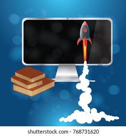 Rocket soaring into the blue sky through the clouds. Concept business vision.