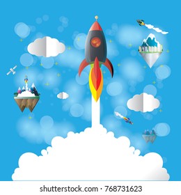 Rocket soaring into the blue sky through the clouds. Concept business vision.