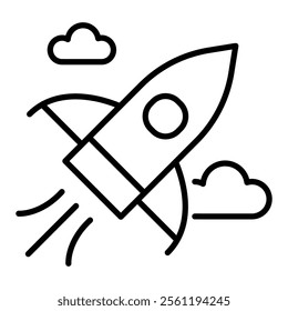 A rocket soaring into the sky, symbolizing ambition, limitless potential, and forward momentum, round line vector icon with editable stroke