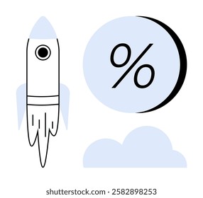 Rocket soaring near a large percentage symbol beside a cloud. Ideal for business strategy, financial growth, performance metrics, investment success, start-up ventures, economic progress. Line