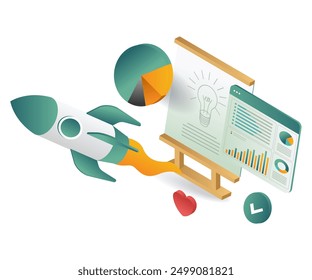 Eine Rakete, die über eine Tafel fliegt, die ein Diagramm und einen Graphen anzeigt