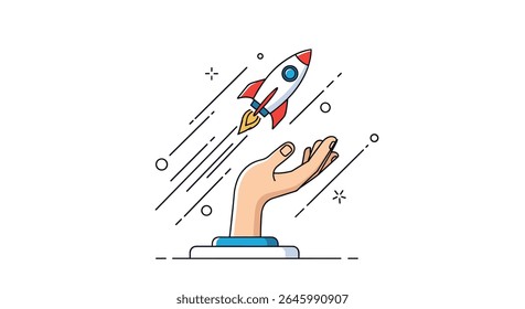 Rocket Soaring Success Launch Business From Hand Illustration