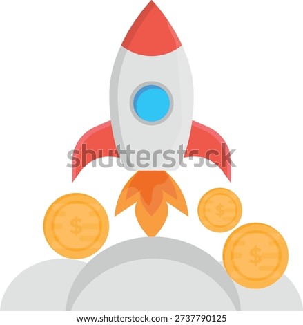 A rocket soars above fluffy clouds, surrounded by shimmering coins, symbolizing wealth and adventure.