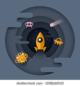 The rocket soars into space. Vector illustration. Paper cut style