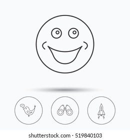 Rocket, social media and search icons. Smiling face linear sign. Linear icons in circle buttons. Flat web symbols. Vector