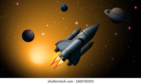 Rocket in solar system scene illustration