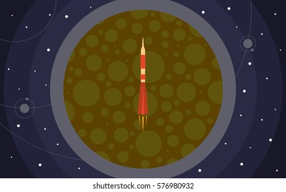 The rocket in space against the backdrop of the planet. Space travel. Vector illustration with flying rocket.
