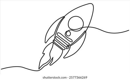 Rocket space aircraft continuous one line drawing. Hand Drawn Symbol Vector Illustration