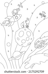 Rocket, space, alien, planets, stars. Coloring book for children. Vector image.