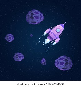 Rocket in space among stars and asteroids. Flying comets