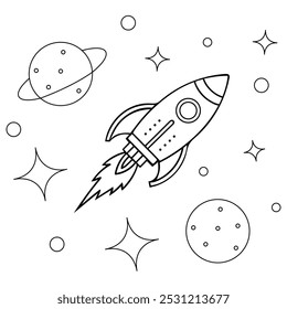 rocket in space around planets coloring page for kids	
