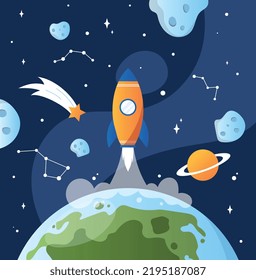 Rocket in space. Astrology and astronomy, travel and adventure. Scientific exploration of space, galaxies and universe. Planets, stars, comets and spaceship. Cartoon flat vector illustration