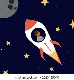 A rocket in space with an astronaut flies to the moon.  Galaxy, science, universe, education, technology.  Vector illustration and games for children, textiles, wallpaper.