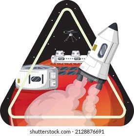 Rocket in the space badge on white background illustration