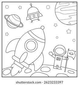 Rocket in space. Black and white vector illustration for coloring book.