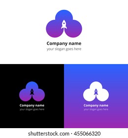 Rocket in space cloud motion start logo, icon, sign, emblem vector template. Abstract symbol and button with pink-blue-violet color trend gradient for service or company on white background.