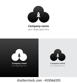 Rocket in space cloud motion start logo, icon, sign, emblem vector template. Abstract symbol and button with black-grey-white color trend gradient for service or company on white background.