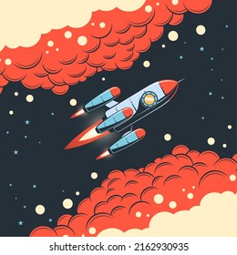 Rocket in space with clouds - retro comic style. Retro spaceship flies in outer space. Vector illustration.