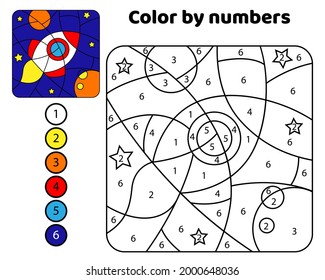 Rocket in space. Color by numbers. Black and white vector illustration for coloring book with color example
