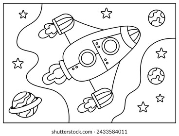 rocket in space coloring page for kid cartoon illustration printable