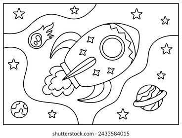rocket in space coloring page for kid cartoon illustration printable