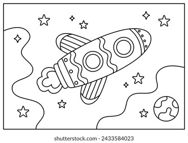 rocket in space coloring page for kid cartoon illustration printable