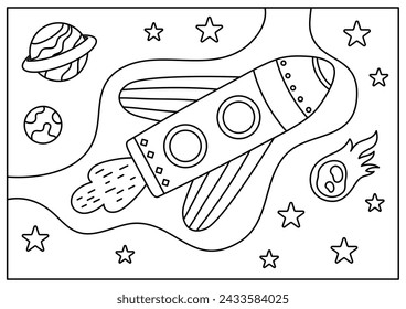 rocket in space coloring page for kid cartoon illustration printable