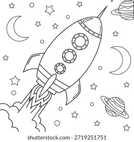 Rocket and Space Coloring Page for Kids
