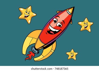 rocket in space. Comic book cartoon pop art illustration retro vector