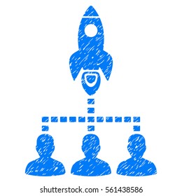 Rocket Space Community grainy textured icon for overlay watermark stamps. Flat symbol with dirty texture. Dotted vector blue ink rubber seal stamp with grunge design on a white background.