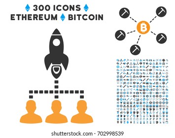 Rocket Space Community icon with 300 blockchain, bitcoin, ethereum, smart contract symbols. Vector illustration style is flat iconic symbols.