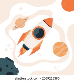 Rocket in space concept. Metaphor for startup and new business. Spaceship will fly into planet or moon. Successful company or achievement of goals. Cartoon contemporary flat vector illustration