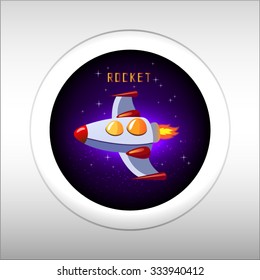 Rocket in space. Cosmic ship icon. Kid's element.Vector modern origami space ship icon, logo with stars and sparkles. Aerospace vehicle banner with letters. View from the window in the galaxy.