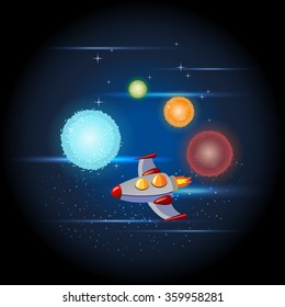 Rocket in space. Cosmic ship and planets icons. Kid's element.Vector space ship with stars and sparkles.Spacecraft travel through the universe  Galaxy shine and stars.