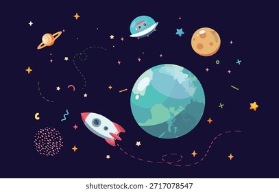 Cohete en el espacio Tierra y luna Vector ilustración de dibujos animados