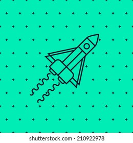Rocket in space. Flat design. Unusual color. Outline style. Minimal rocket, with seamless pattern on background. Use for wallpaper, banner, web, poster. Easy to edit. Vector illustration - EPS10.
