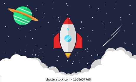 Rocket of space flat style cartoon. Fanfasy images in outer world. Suitable for coloring page.