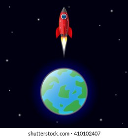 Rocket and space, rocket flies from earth into space. Vector illustration