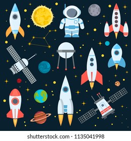 Rocket space globe solar system and planet cosmos sky vector illustration. Flight spacecraft astronaut exploration travel shuttle. Cosmonaut spaceman transportation rocketship.