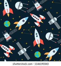 Rocket space globe solar system and planet cosmos sky seamless pattern background vector illustration. Flight spacecraft astronaut exploration travel shuttle. Cosmonaut spaceman rocketship.