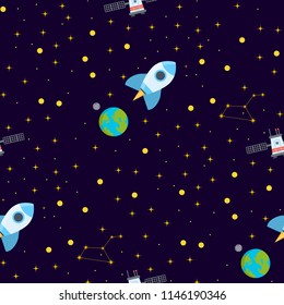 Rocket space globe solar system and planet cosmos sky seamless pattern background vector illustration. Flight spacecraft astronaut exploration travel shuttle. Cosmonaut spaceman rocketship.